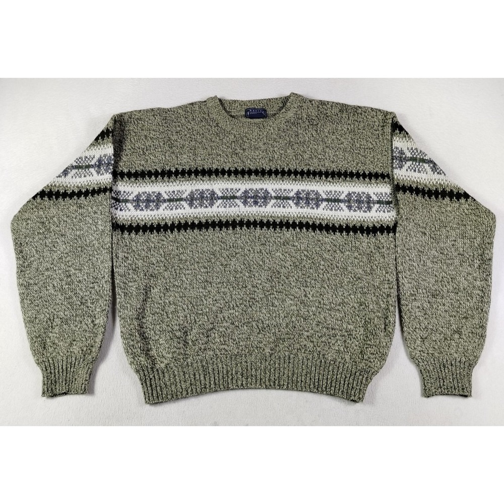 Vintage Basic Editions Sweater Mens XL Green Fair Isle Knit Cabincore Grandpa